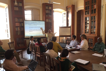 S.L.P. Anjaneya Sarma expounding a grammar of Telugu written in Sanskrit at the 5th NETamil workshop